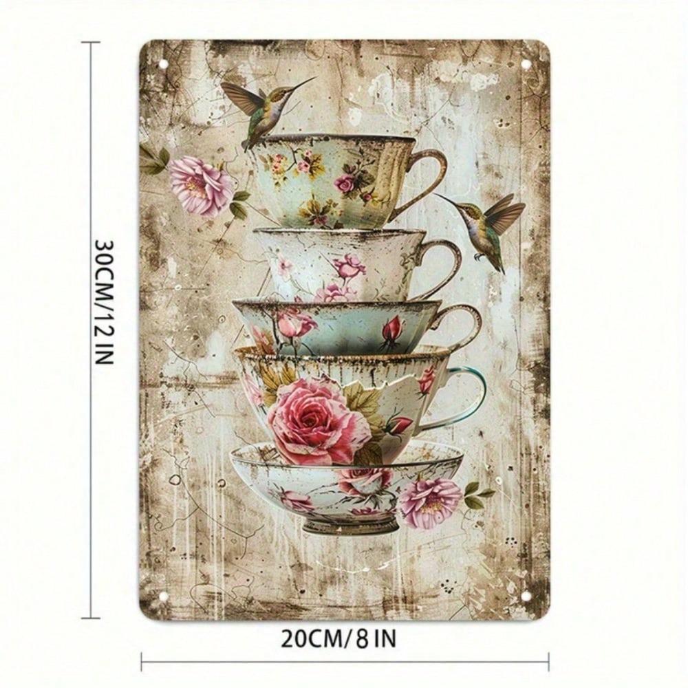 Route 66 Vintage Metal Sign Rustic Floral Teapots Butterflies Wall Art Non-Fading Durable Decor