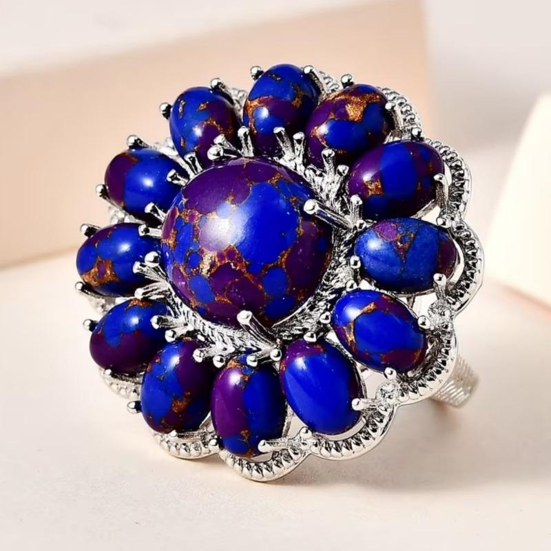 Ethnic Inlaid Imitation Lapis Lazuli Flower Women's Ring Vintage CopperColor Geometry Daily Wear Party Jewelry Anniversary Gift