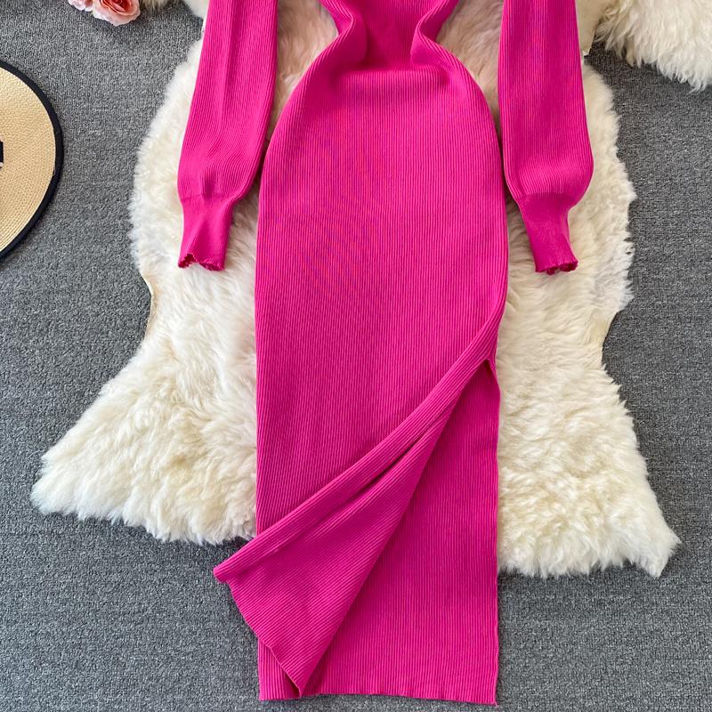 RUGOD Sexy Round Neck Knitted Slit Dress Women's New Autumn and Winter Bottoming Tight Elastic Wrap Hip Sweater Dress