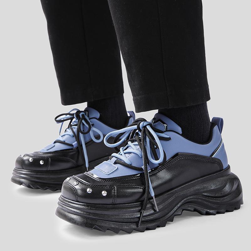 Fashion Fashion Blue Square Toe Leather Shoes Men Chunky Casual Sneakers Designer Rivets Platform Shoes Men Increase Height Derby Shoes