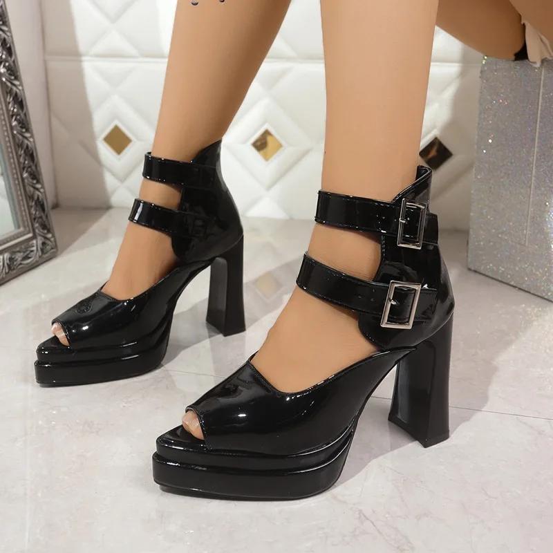 Fashion Block Heel Sandals Women's Summer French Vintage Platform Flat Strap High Heel Non-Slip Roman Sandals
