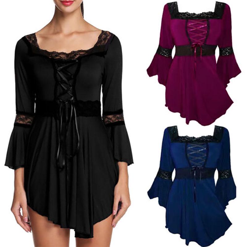 Women Size Plus Lace Up Blouse Shirts Ruffle Ladies Long Sleeve Tunic Peplum Top