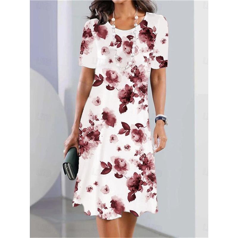 Women's Elegant Woman Clothes Evening Midi Dress Crew Neck Short Sleeve Casual Dress Shift DressFemale Clothing Casual Floral