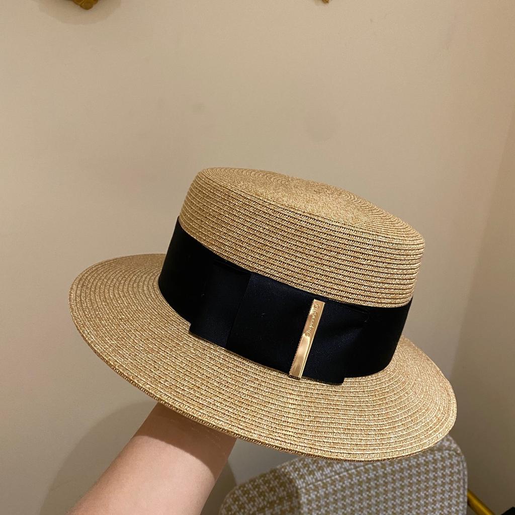 Women's summer beach straw hat beach shade sun protection color blocked flat top sun hat British versatile top hat