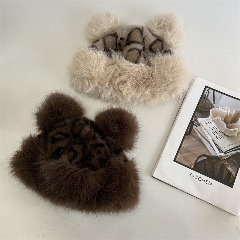 

Vintage leopard print plush hat women s winter fashion scarf warm Mongolian hat double ball fluffy imitation fur basin hat M（56-58cm） темно-коричневого кольору