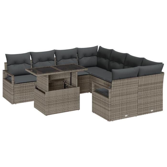 VidaXL Canapé de Jardin de 9 Pièces avec Coussins Gris Poly Rattan 3348795