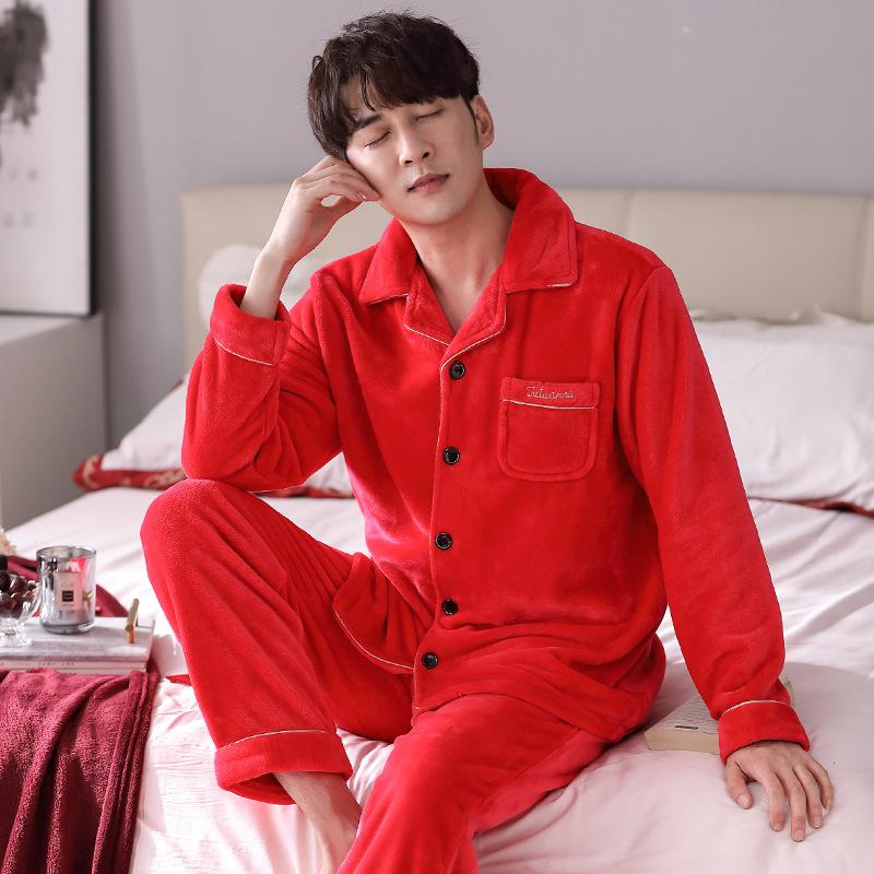 

Красная пижама для пары Свадьба Новый год Свадьба Флис Утолщенный Коралловый флис Мужской и женский Набор фланелевой домашней одежды на год рождения 3XL