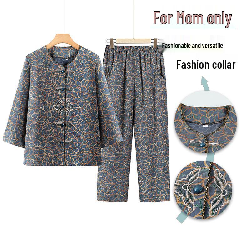 Mid-Sleeve Summer Shirts for Middle-Aged and Elderly Women, Grandma Style Home Wear Set