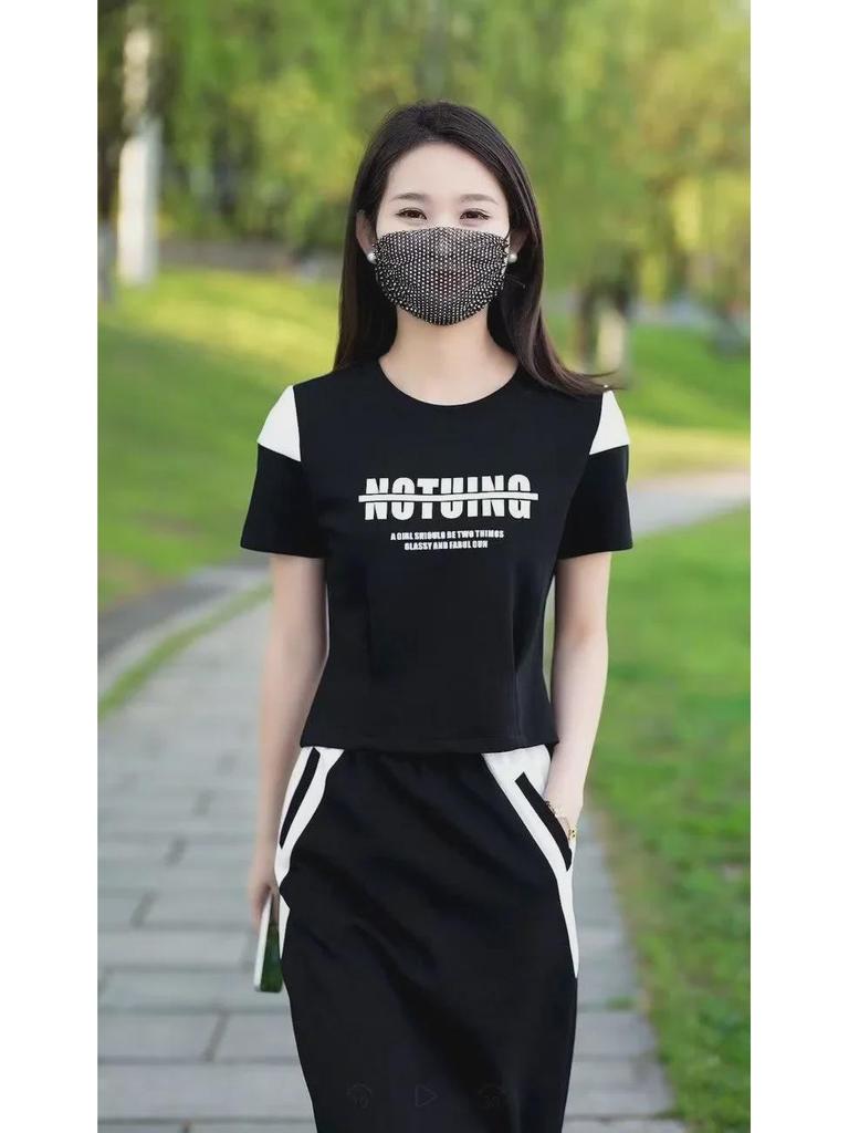 Women's Fashionable Summer Casual Suit: Short Sleeve T-shirt & Mid-Length Skirt Two-Piece Set