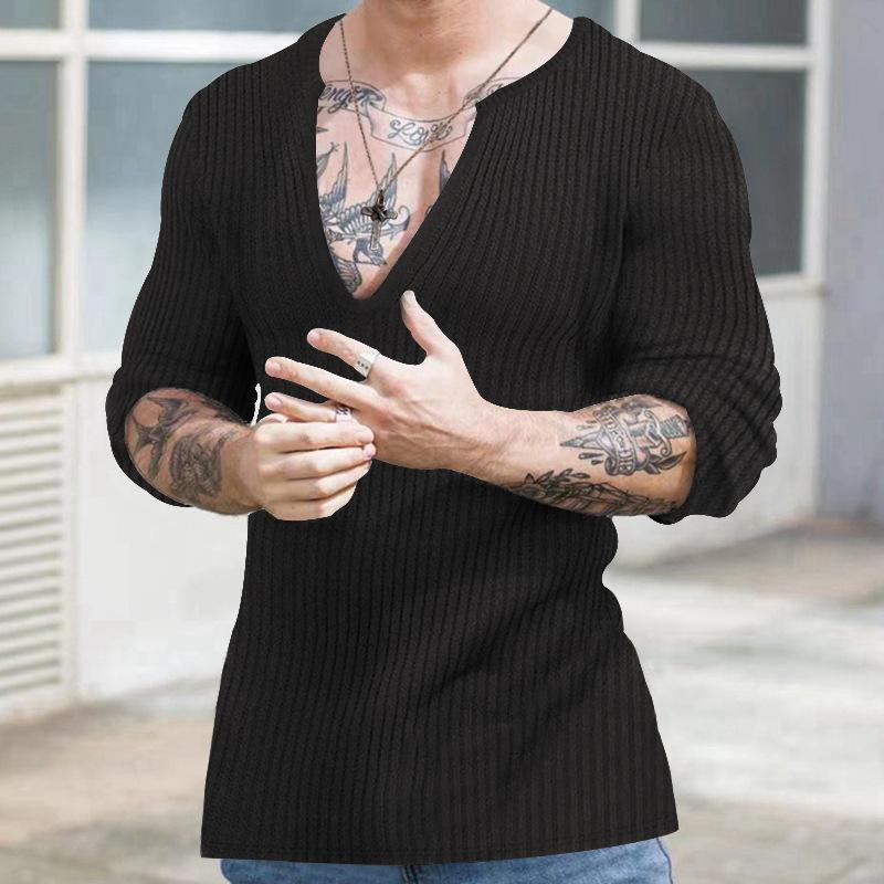 Amazon Cross-border 2023 European and American Men's Casual Autumn and Winter Deep V-neck Slim-fitting Long-sleeved Solid-color Knitted Bottoming
