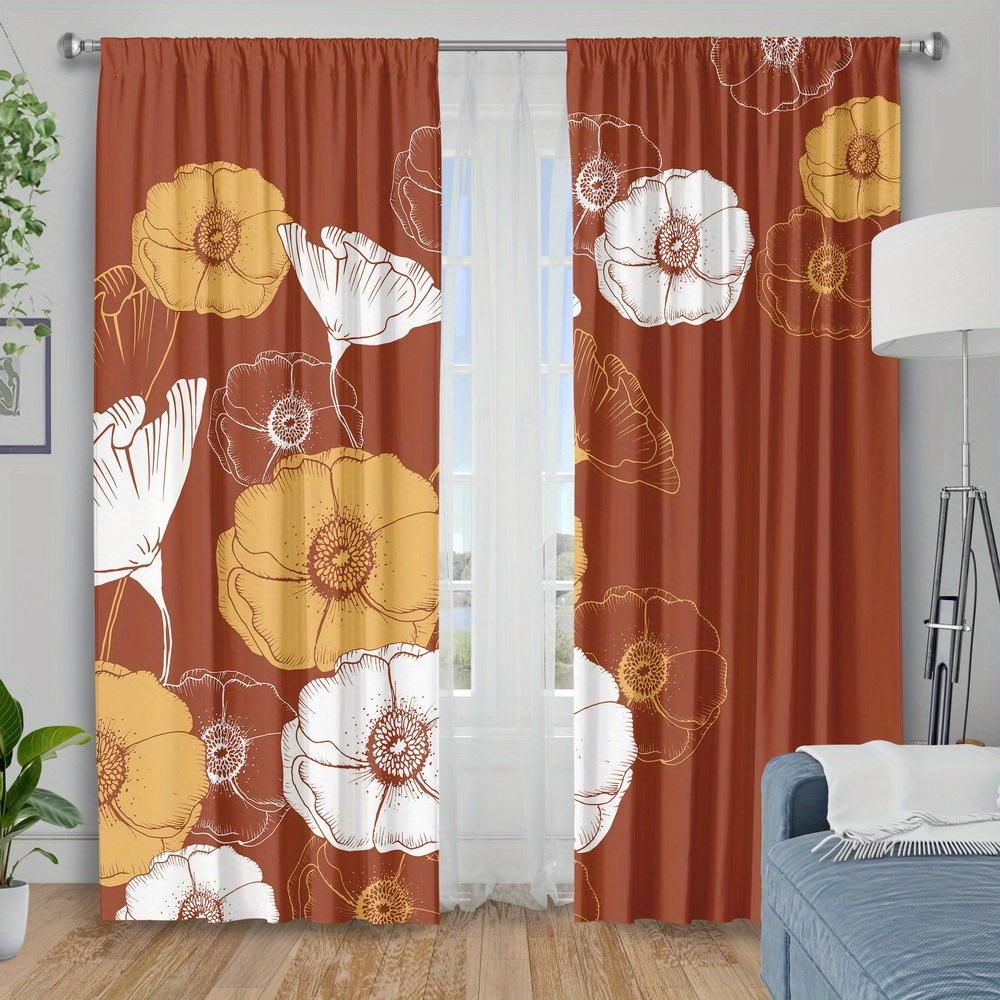 Orange Floral Pattern Curtains Polyester Fabric Suitable Bedroom Living Room Decoration Set Of 2 Made Machine Washable Decor