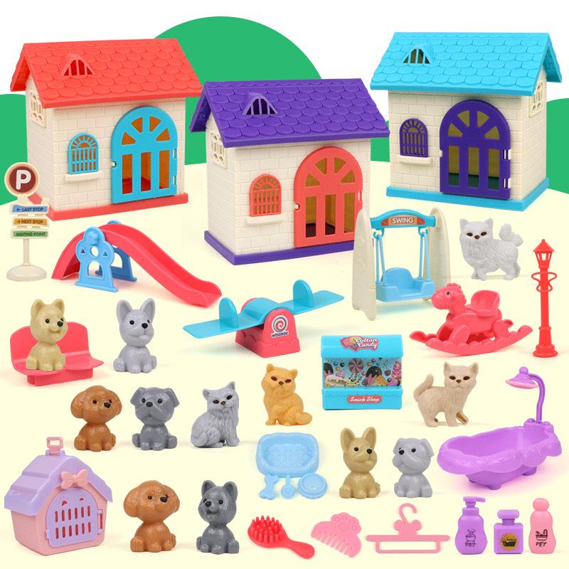 Mini Pet Playset: Children's Puppy & Kitten Villa Playground.
