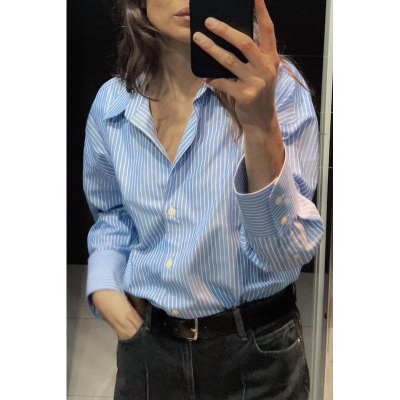 Spring/Summer New Arrival French Style Boyfriend Style Temperament Wild Long Sleeves Polo Collar Stripes Oxford Shirt 8372390
