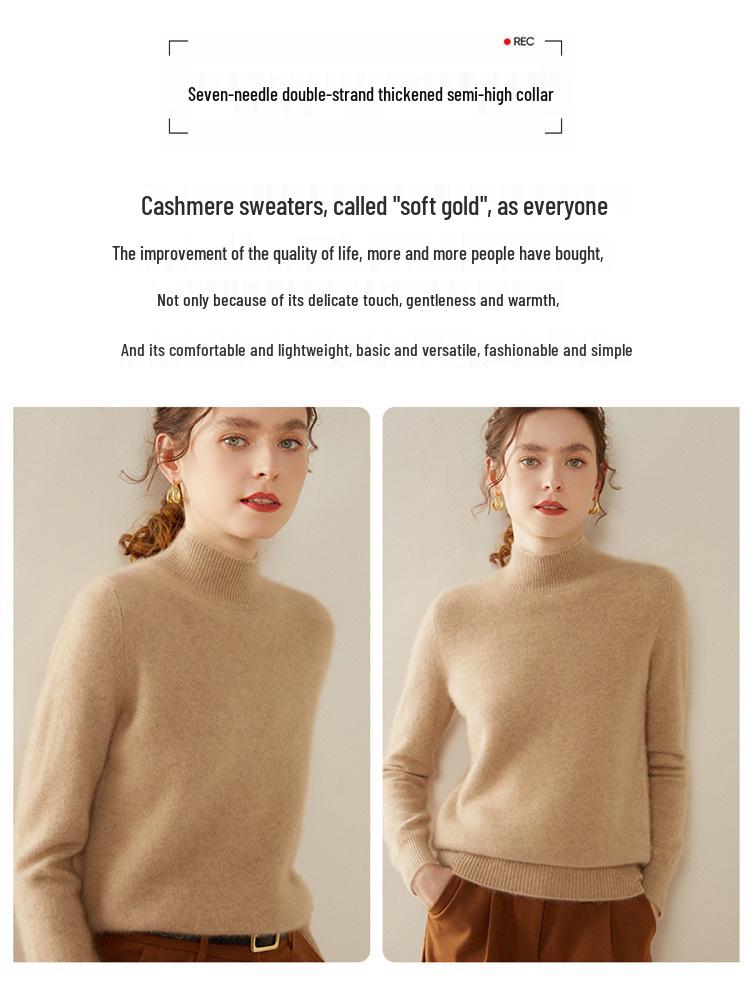 Women's 35% Cashmere Slim-Fit High-Neck Sweater - Elegant, Versatile, Solid Color Knitted Base Layer
