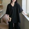 Damen Oversized V-Ausschnitt Halbarm T-Shirt Lässig Lockerer Schnitt Einfarbig Schwarz Basic Top