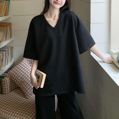 Women's Oversized V-Neck Half Sleeve T-shirt Casual Loose Fit Solid Black Basic Top