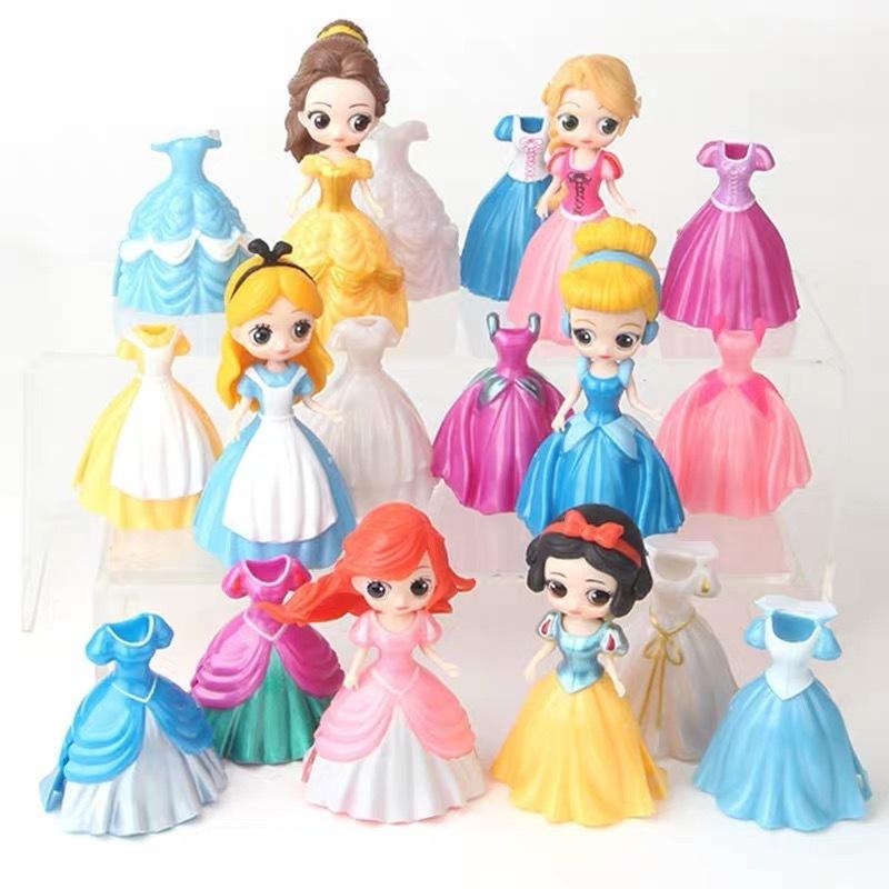 24pcs Cartoon Princess Cinderella Belle Alice Snow White Ariel Rapunzel Action Figures Interchangeable Clothes Toys Dolls Gifts