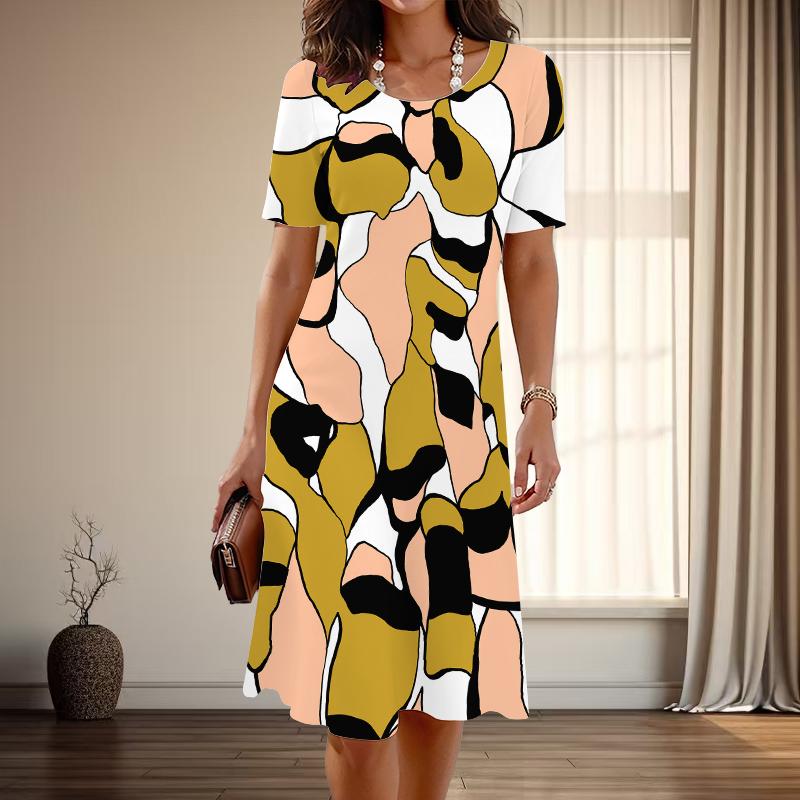 Women's Fashion Graceful Simple Print Summer Spring Short Sleeve O-Neck Casual Dresses