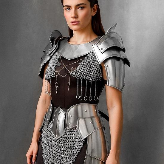 Women’s Medieval Knight Costume Handcrafted Steel Chainmail Armor Set for LARP, Cosplay And Renaissance Fairs