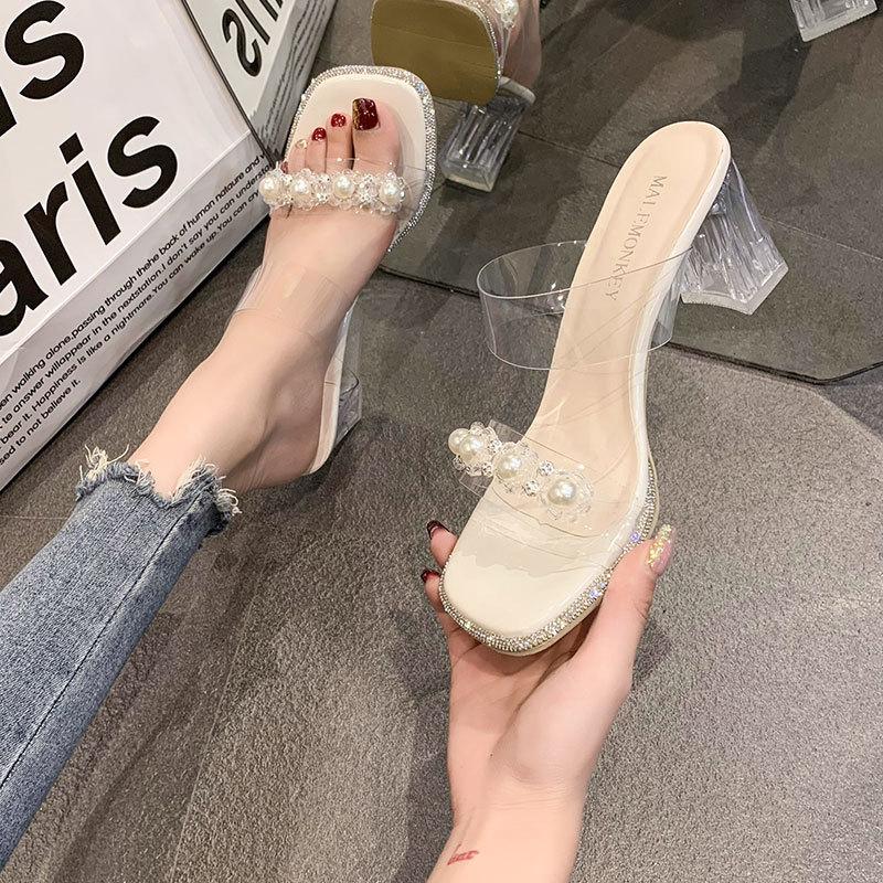 French High-heeled Slippers Women's Summer Outer Wear 2025 New Pearl Small Fragrant Style Transparent One-word Drag Thick-heeled Crystal Sandals