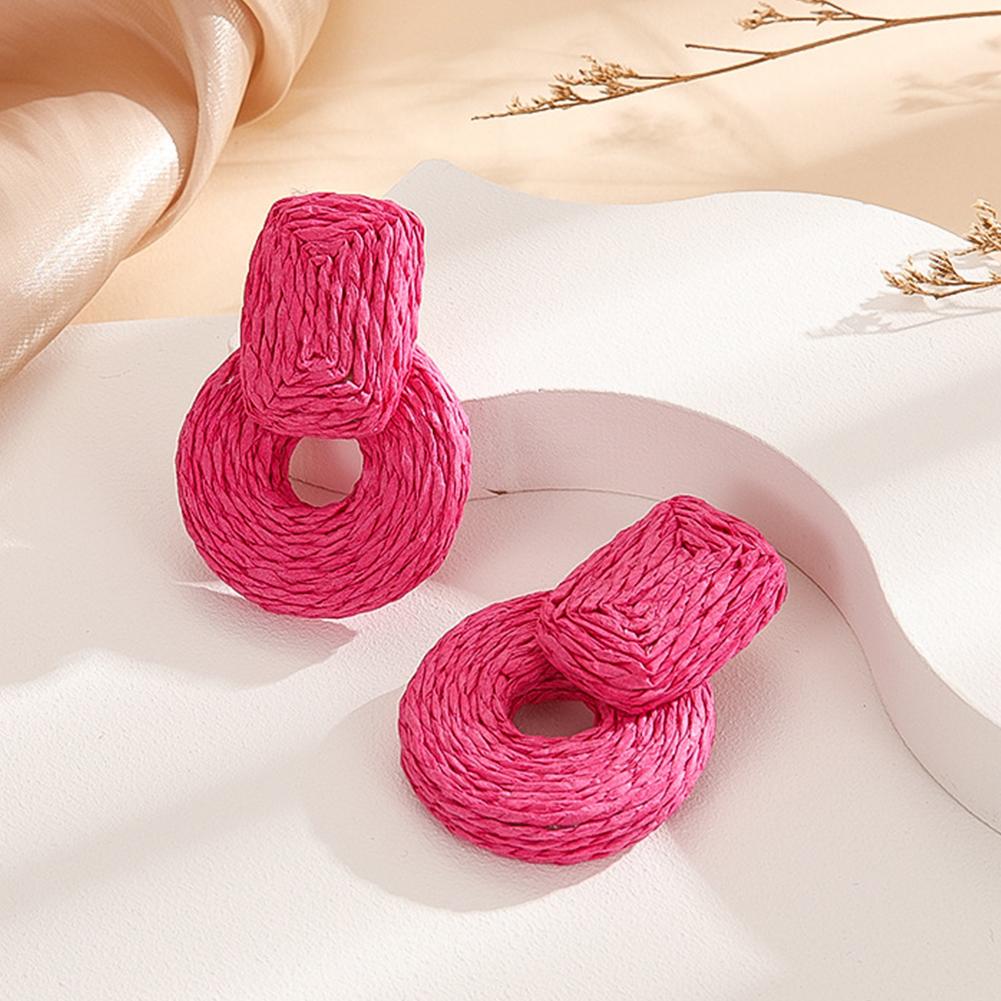 Women Rattan Earrings Boho Straw Wrapped Geometric Round Earrings Summer Tropical Beach Jewelry
