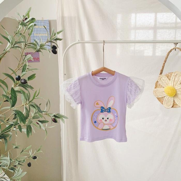 Girls Summer Cartoon Puff Sleeve T Shirt Cute Round Neck Short Sleeve Top