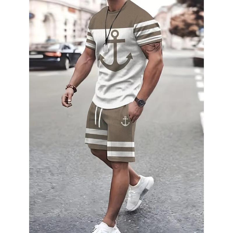 

Anchor And Stripe T shirt Shorts Set 3D Color Block Print Men Women T-shirt Outfits Outdoor Street Sport Tee Two-Piece Set S хаки