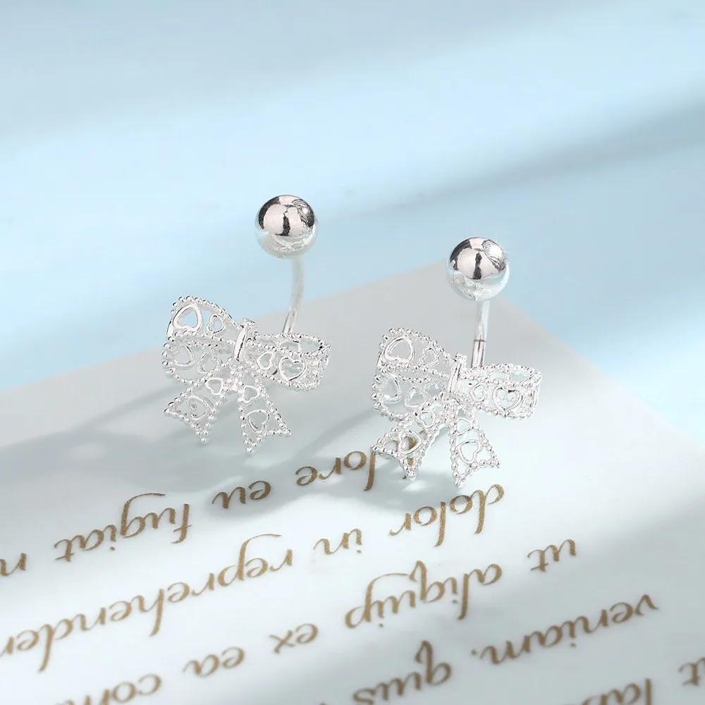 

медные кружевные серьги-пусеты в форме сердца с полым бантом, винтовой замок-пряжка, изящные циркониевые аксессуары для женщин