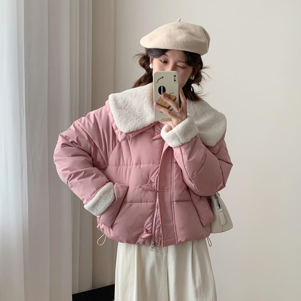 Winter 2025 new Korean lambswool patchwork warm cotton jacket women's short thickened lapel cotton jacket