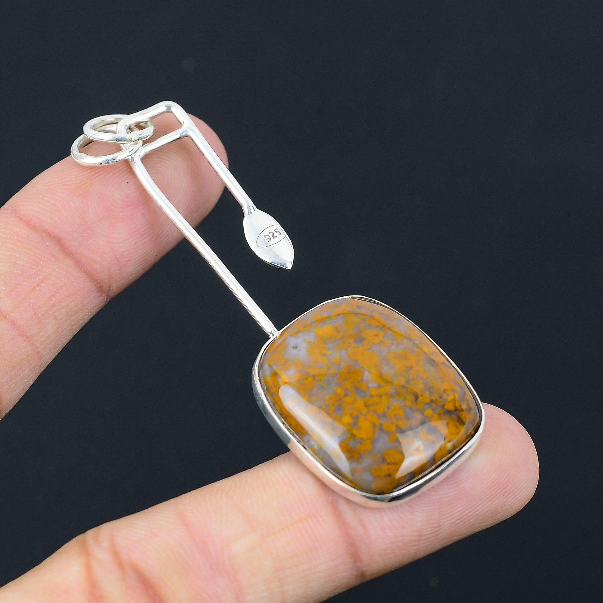 Sterling Silver Radiant Plume Agate Gemstone Art Deco Mother Engagement Pendant