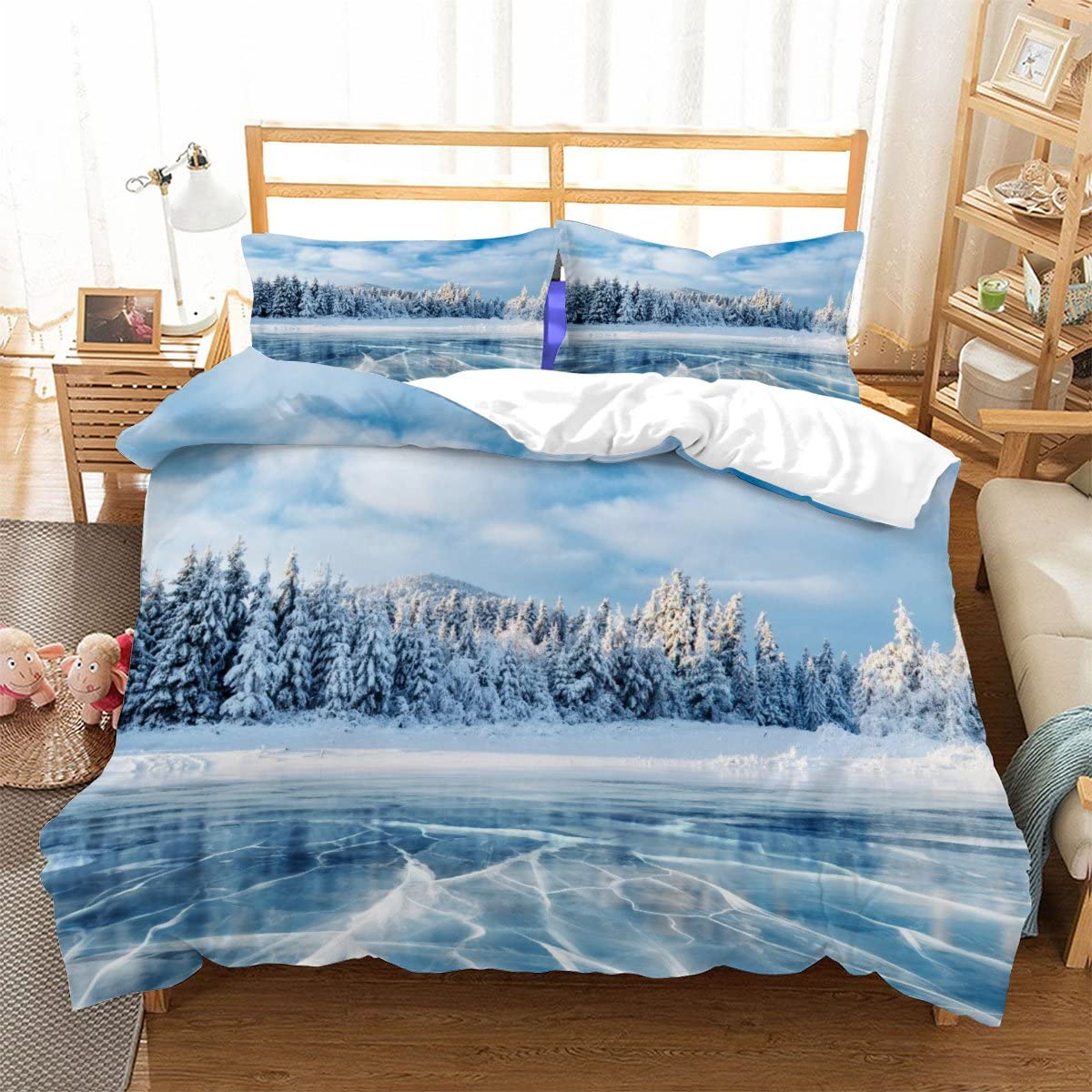

Frozen Lake Duvet Cover Sets For Teens Queen Lightweight Quilt Cover With 2 Pillowcase Winter Themed Bedding Sets No Comforter EU Single(135*200cm)3pcs