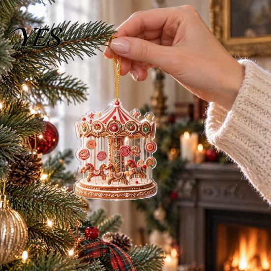 Gingerbread Theme Xmas Tree Decor Christmas Carousel Ornament, 2D Flat Car Rearview Mirror Charm, Acrylic Durable Hanging Keepsake Decoration for Car,