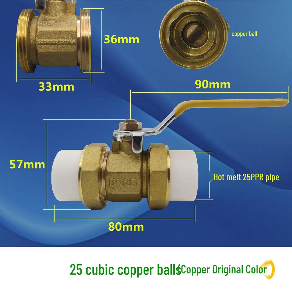Zawór kulowy miedziany PPR: 20mm Podwójne Złącze, 25mm Rura Wody Kranowej, 32mm Zgrzewane na Gorąco, 40mm Ogrzewanie, 50mm Zawór, 63mm Przełącznik.