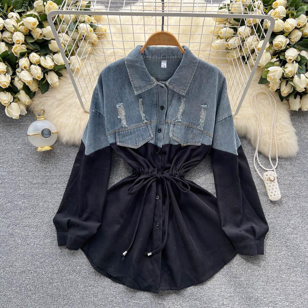 Dlouhý rukáv Letní Dámská Cowboy Splicing Color Collision Temperamentní Dlouhá košile