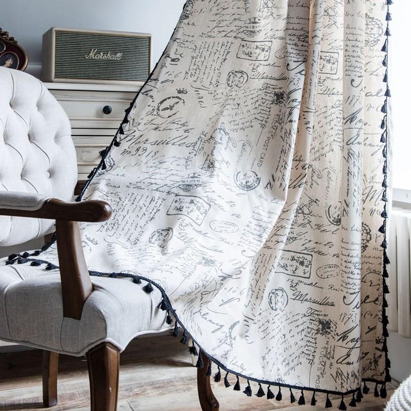 

American Style Letter Printing Black Tassel Curtain Cotton Linen Living Room Bedroom Kitchen Semi-shading Curtains Single Piece W150 x H160cm&Threading Rod