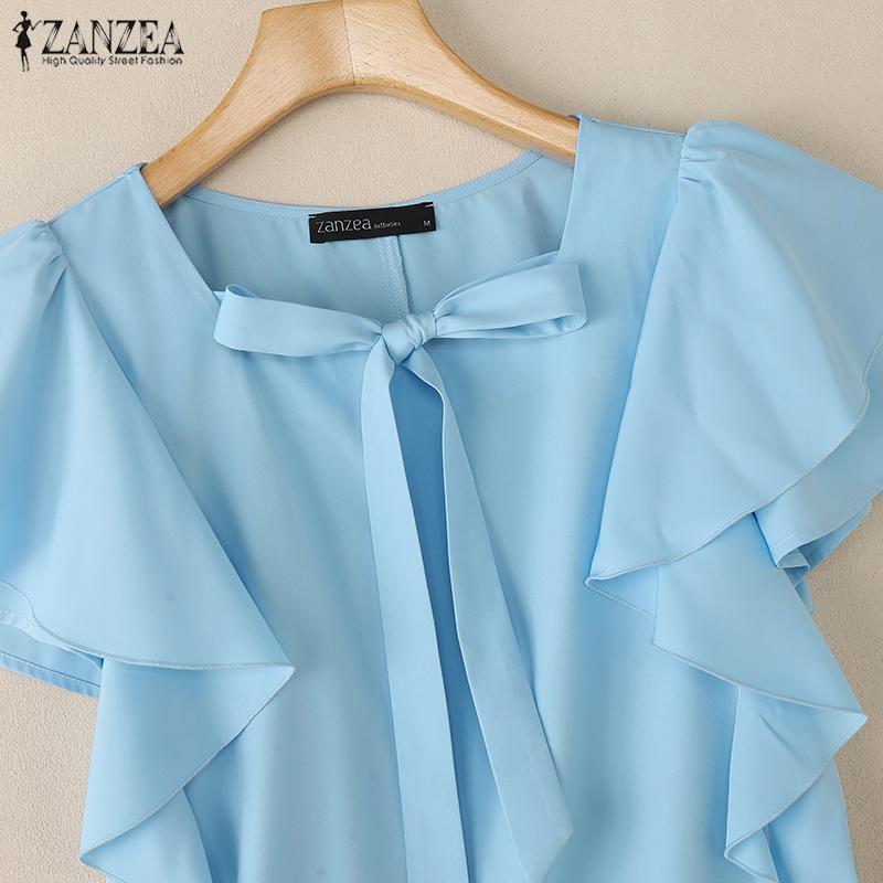 ZANZEA Women Casual Square Collar Ruffles Short Sleeve Loose Blouse