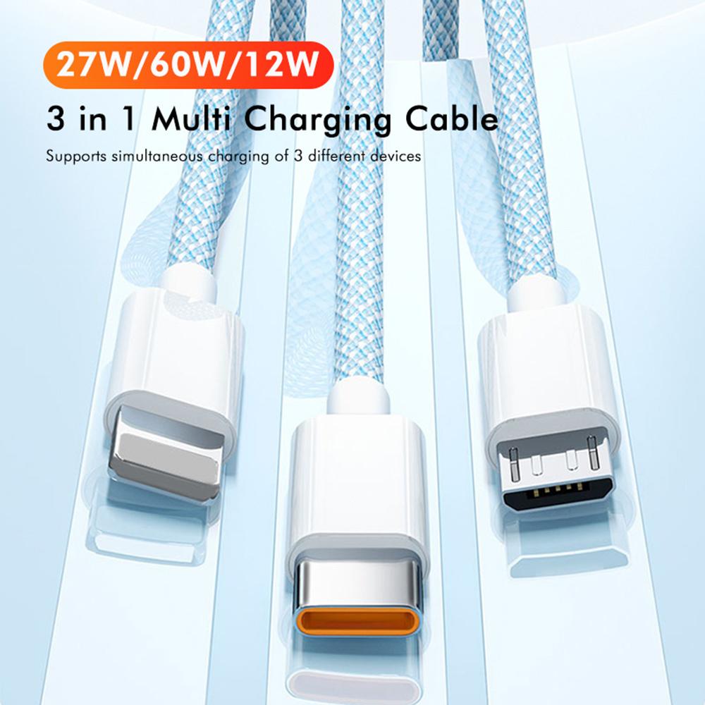 

ENKAY 1m 3 in 1 USB to iP/Type-C/Micro USB 60W Charging Data Cable Braided Wire Blue