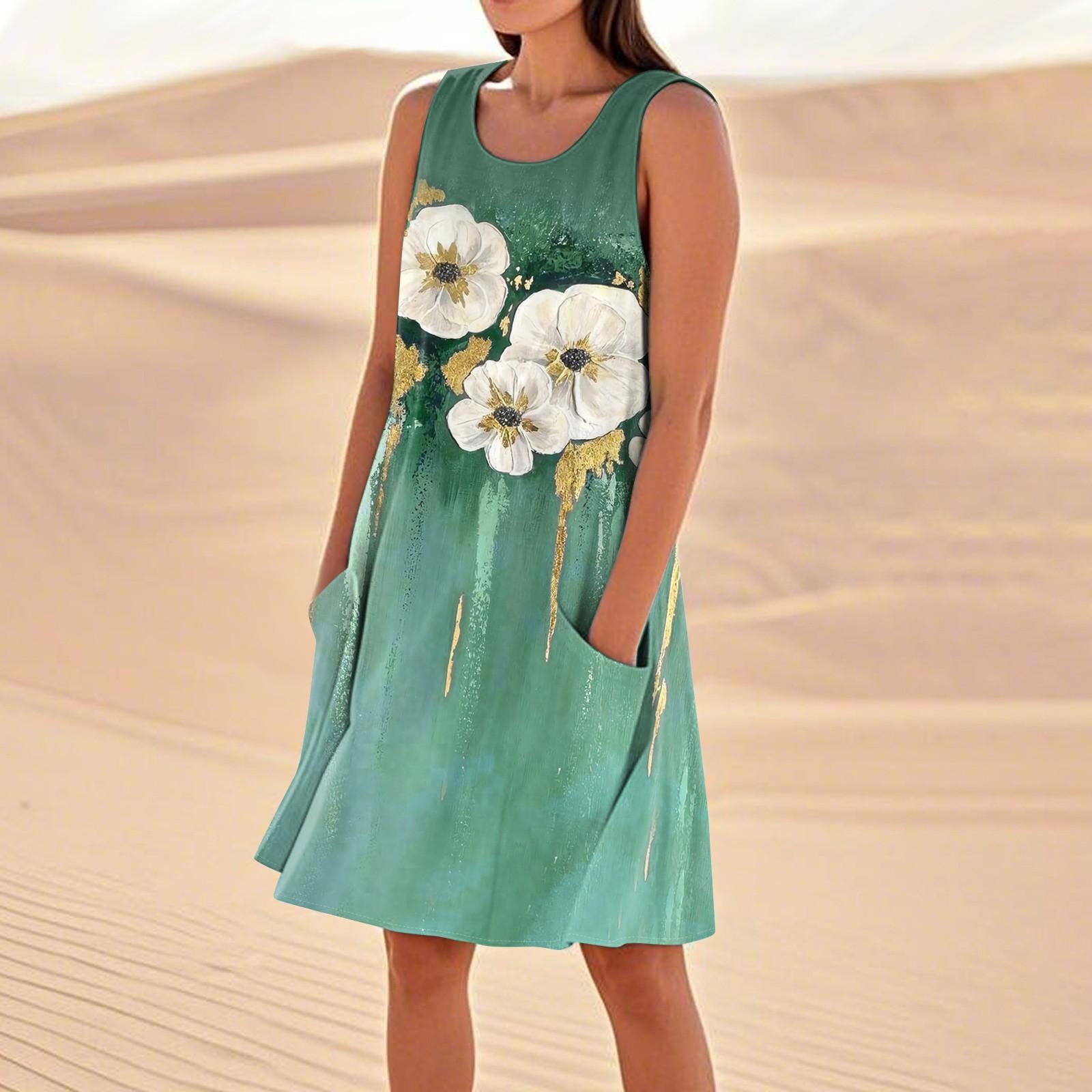 

Літні сукні для жінок Вільні пляжні повсякденні сарафани без рукавів з кишенями Сукня-майка XXXL зелений