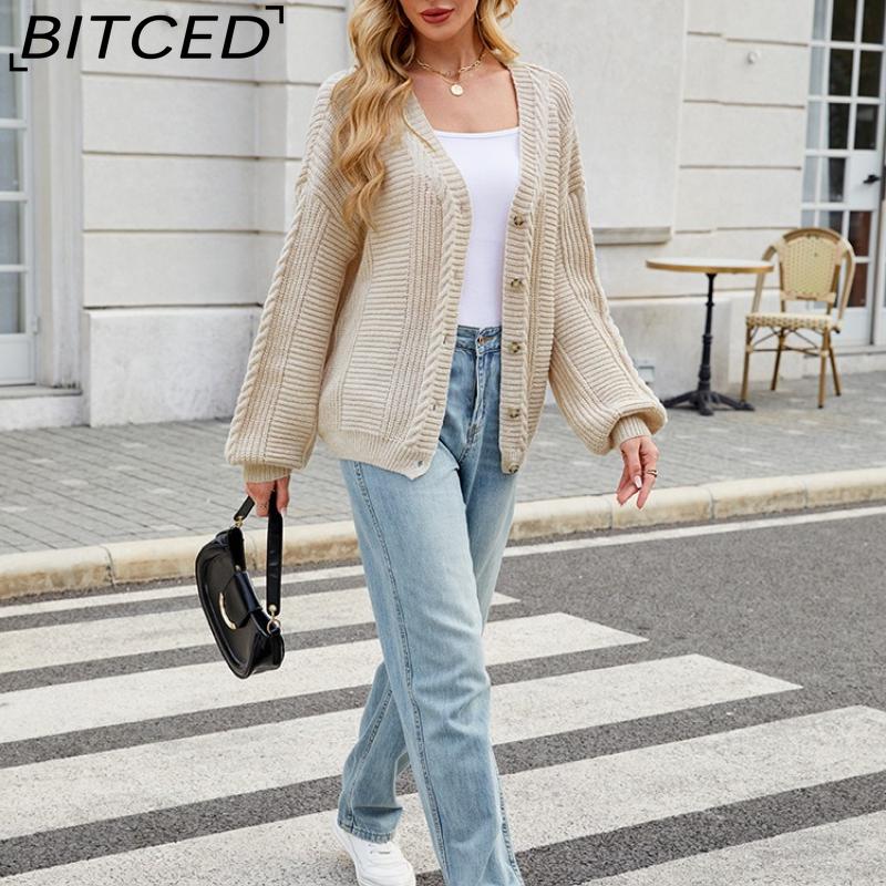 BITCED Relaxed-Fit Oversized Cardigan Autumn/Winter Long-Sleeved V-Neck Cable-Knit Sweater