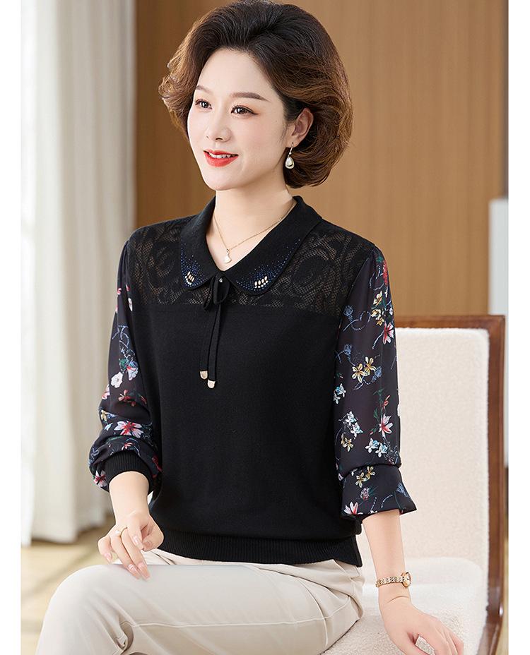 

2026 Spring Knit Base Layer Shirt for Middle-Aged Women with Gauze Sleeves 5XL (recommended for 150-165 jin) чорний