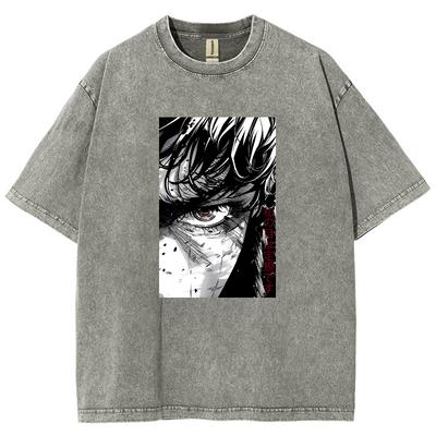Japansk Vintage Anime Svart-hvitt Karakterportrett Trykk Dame T-skjorte Nøytral Vask Oversized Kort Erme Topp