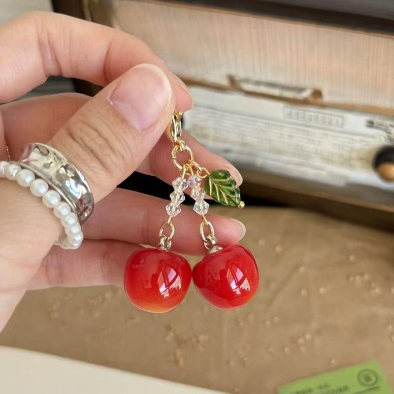 3D Red Cherry Keychain Glossy Sparkly Crystal Beads Gold Clasp Lovely Backpack Charm for Teen Girls