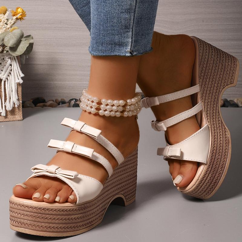 

Fashion Bow Knot Chunky Platform Slippers Women Fashion Party High Heel Pu Leather Slides Ladies Summer Wedge Open Toe Sandal Mujer 42 белый