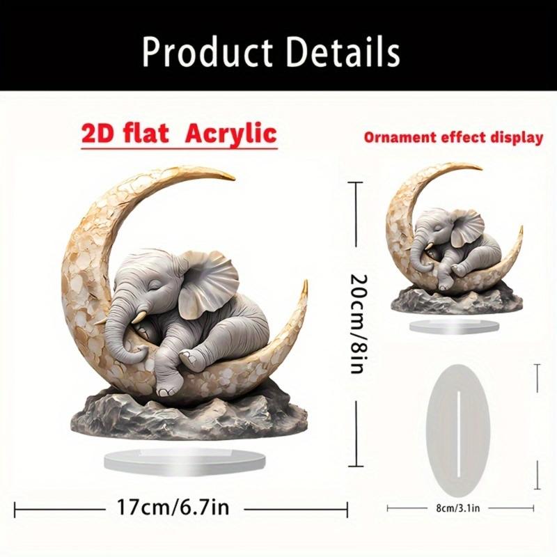 Elephant Lying On Moon Figurine Safe 2D Flat Acrylic Craft Ornament Easy Display Bedroom Desk Decoration Gift