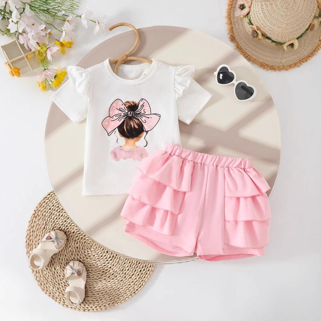 Girls Printed Sleeve T-Shirt + Ruffle Skirt Two-Piece Set