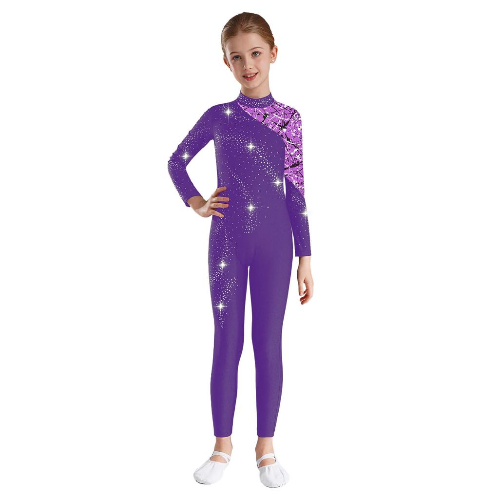 Mädchen Performance Jumpsuit Mock Neck Design Langarm Leotard Glänzende Strasssteine Akrobatik Outfit