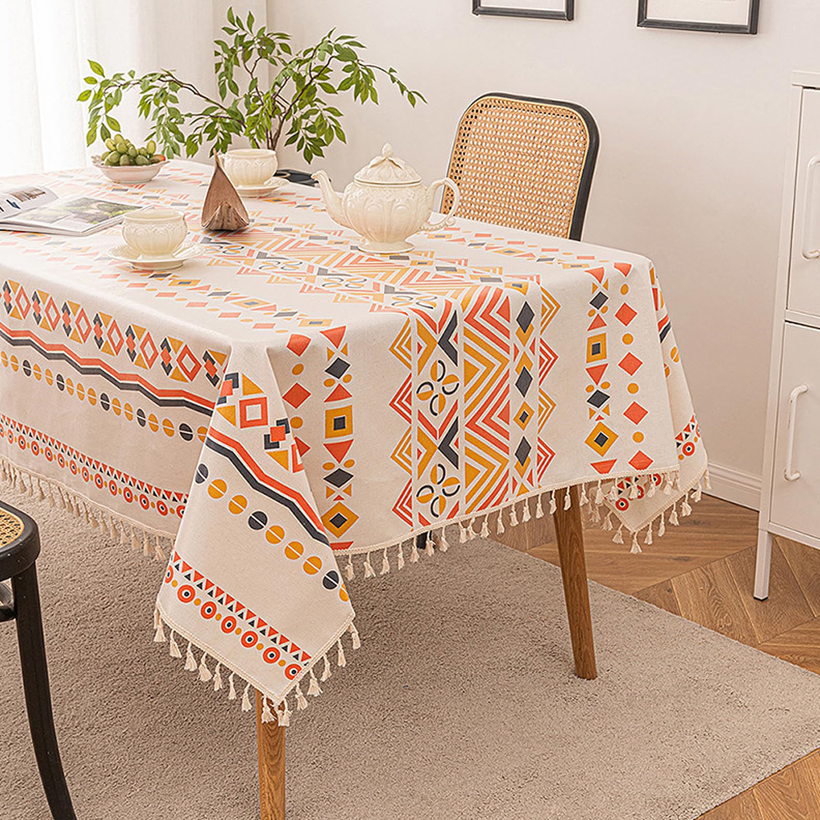 

HARUMAKI Table Cover, Tablecloth, Table Mat, Cotton Linen, Colorful Geometric Pattern, Modern Tablecloth, 140*260cm/140*180cm, Tassel Table Cover, Hom