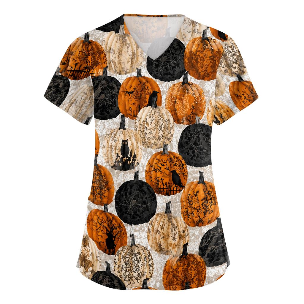 Womens V Neck Halloween Print Short Sleeve Scrub Top with Pocket Side Slit Medical Uniform Shirt for Healthcare Professionals