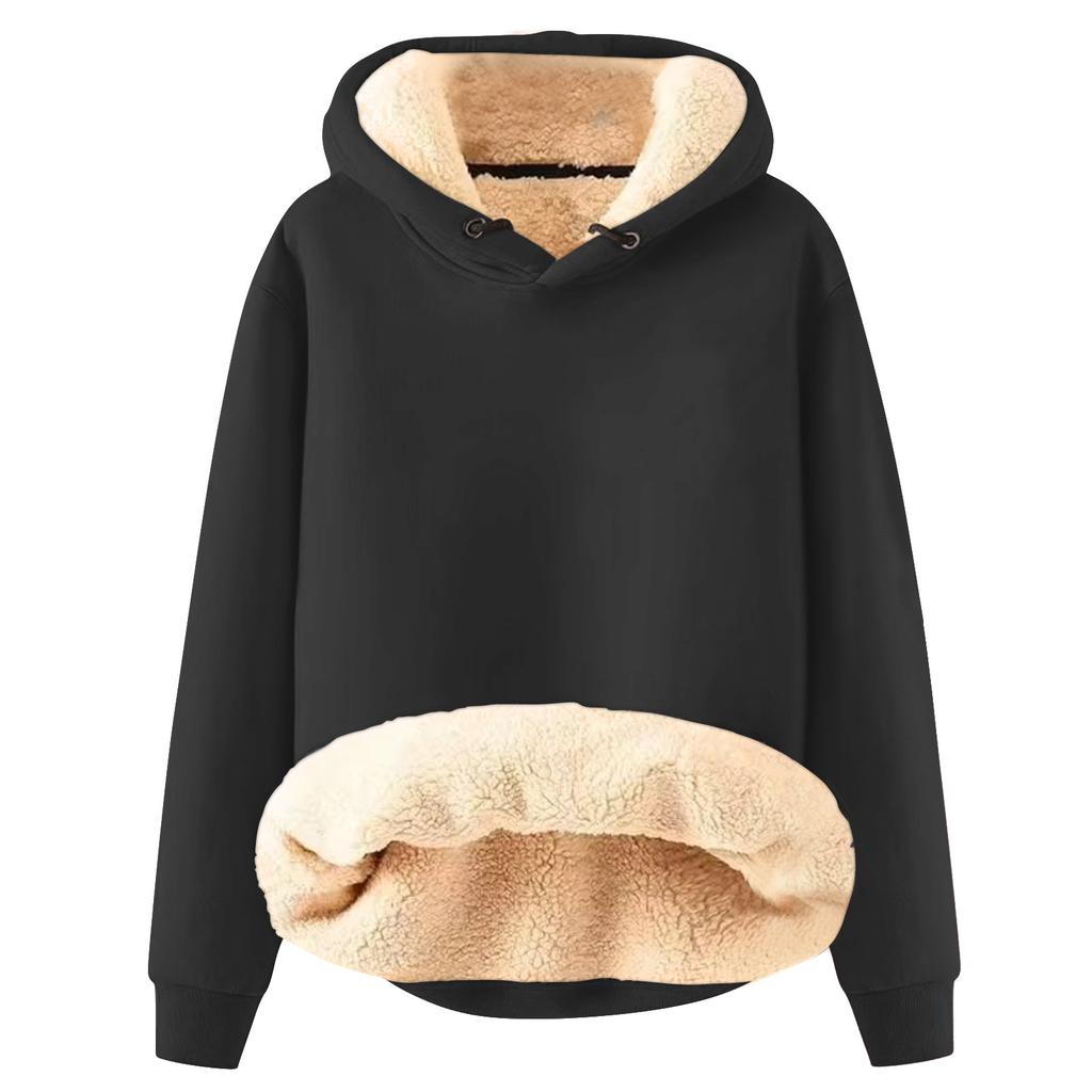 Women's Fashion Hooded Solid Colour Sweatshirt Padded Thickened Warm Loose Pullover Sweatshirt