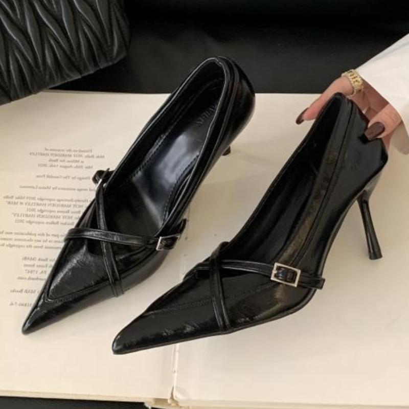 

Fashion Retro Burgundy Pointed Toe Pumps Women Fashion Cross Tied Buckle Decoration Designer Shoes Elegant Comfort Commuter Office Shoes 39 чёрный